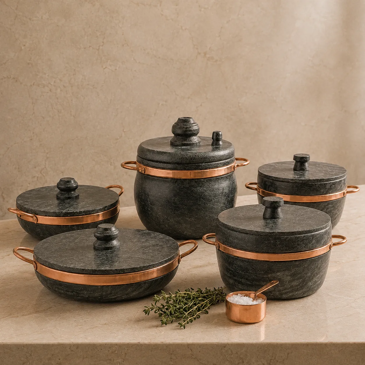 Kit 5 Panelas de pedra sabão com alças de cobre